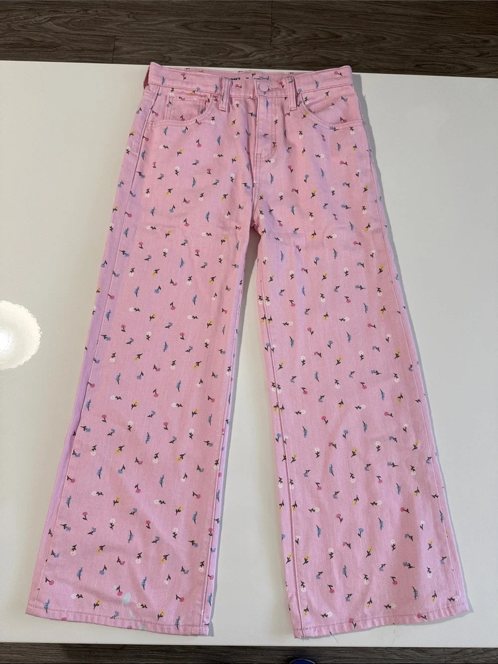 Old Navy • Girls High Rise Baggy Wide Leg Jeans • Pink & Floral • Size 14